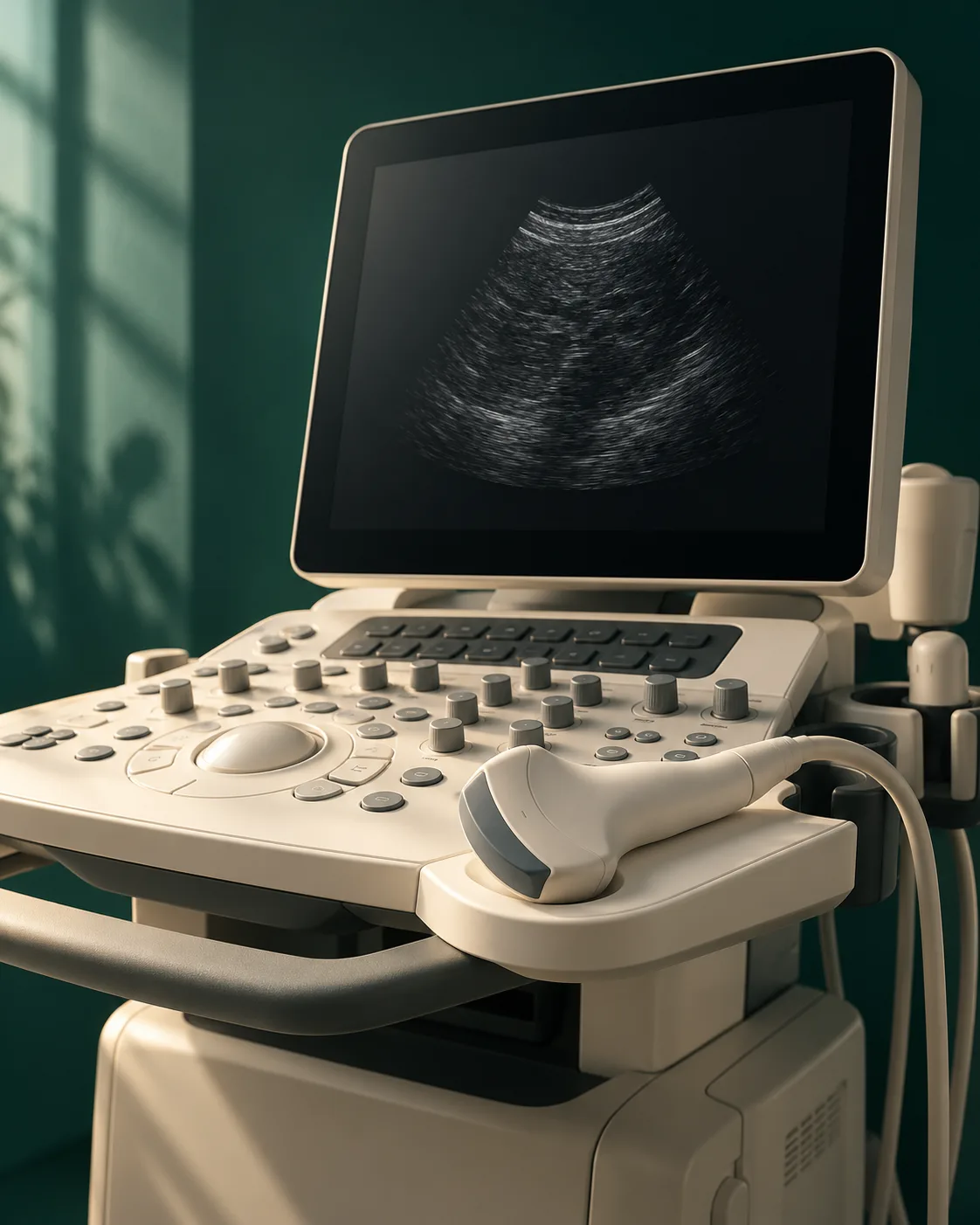Composição conceitual de um equipamento de ultrassonografia com transdutor